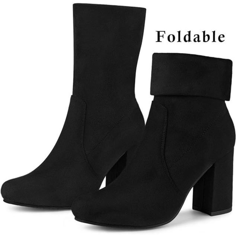 Allegra K Black Foldable Sock Ankle Boots Stretch Block Heel Women's 8.5 NEW